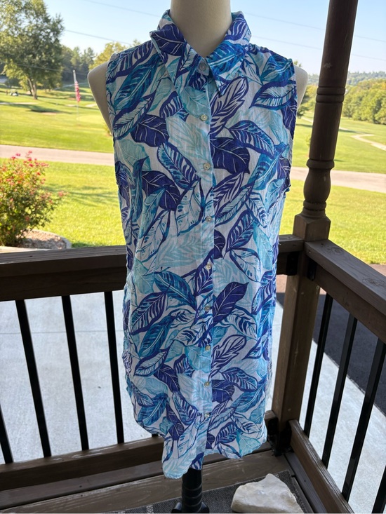 Sigrid Olsen Dresses & Skirts - Sigrid Olsen 100% Linen Blue Tropical Palm Leaf Sleeveless Shirt Dress Medium